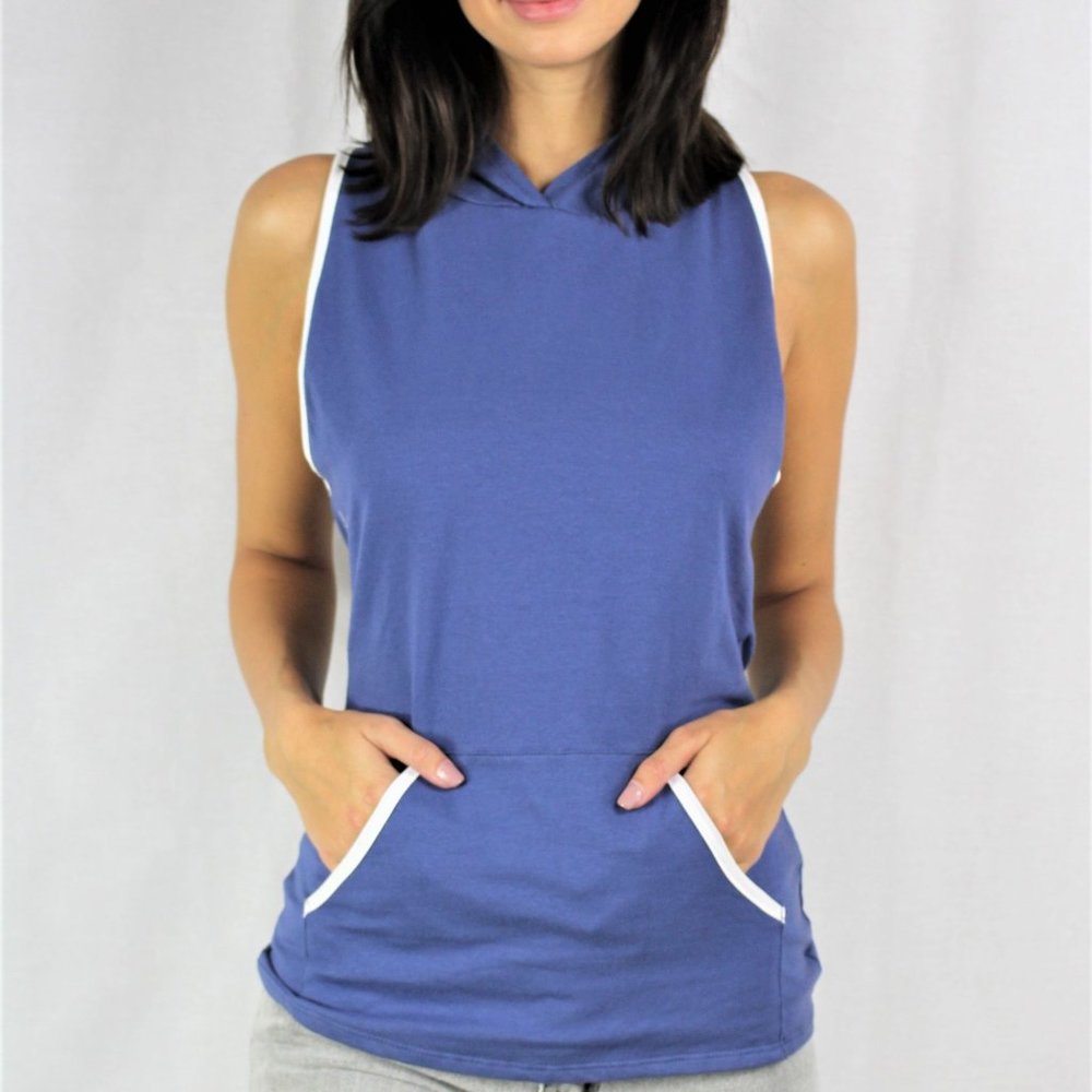 BLUE S Sleeveless Hoodie Women’s Crisscross Back Top Size L USA Made